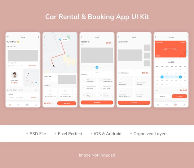 Комплект пользовательского интерфейса приложения для аренды и бронирования автомобилей