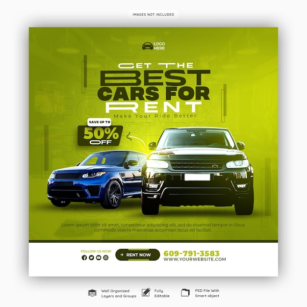 PSD car rental and automotive social media banner or instagram post template