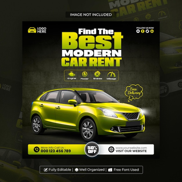 Car rental and automotive social media and instagram post or banner template