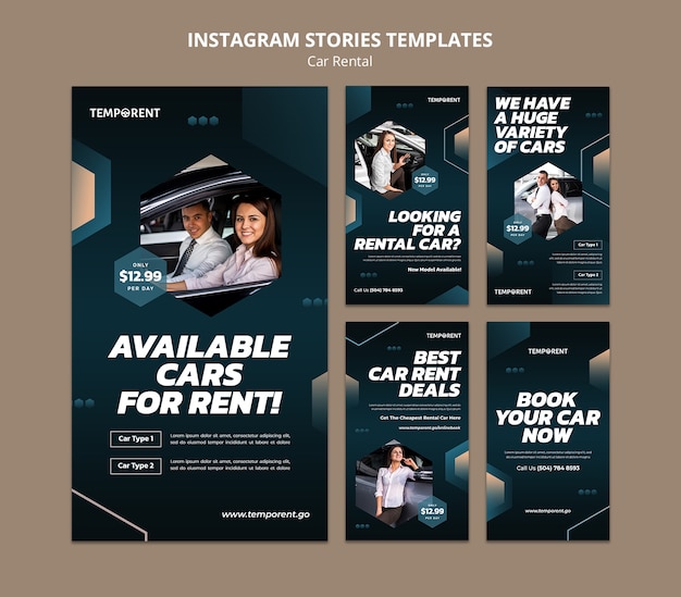 PSD car rental instagram stories collection with hexagonal shapes