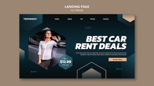 PSD car rental landing page template with hexagonal shapes