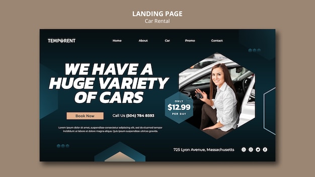 PSD car rental landing page template with hexagonal shapes