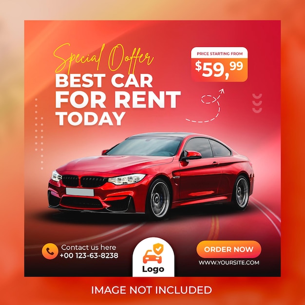 Modello di banner post instagram di social media per la promozione del noleggio auto
