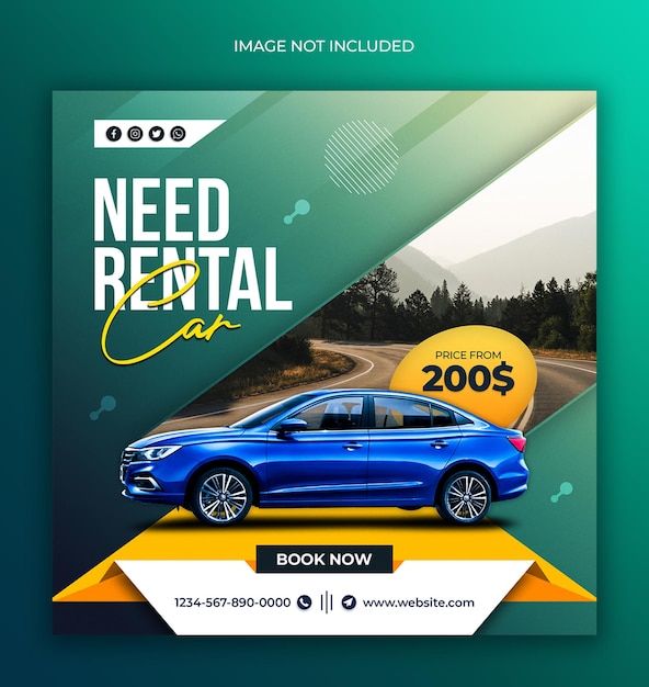 Рекламный пост в социальных сетях по аренде автомобилей и шаблон дизайна веб-баннера