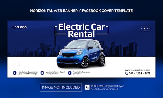Banner orizzontale di vendita di noleggio auto o modello pubblicitario di copertina di facebook