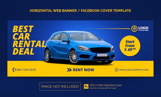 PSD banner orizzontale di vendita di noleggio auto o modello pubblicitario di copertina di facebook