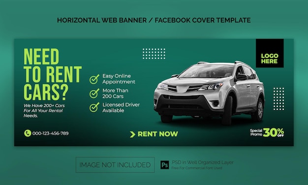 Banner orizzontale di vendita di noleggio auto o modello pubblicitario di copertina di facebook