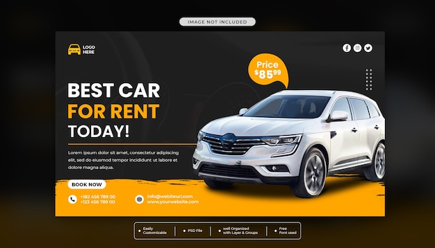 PSD Прокат автомобилей рекламный шаблон веб-баннера в социальных сетях в современном фоновом шаблоне
