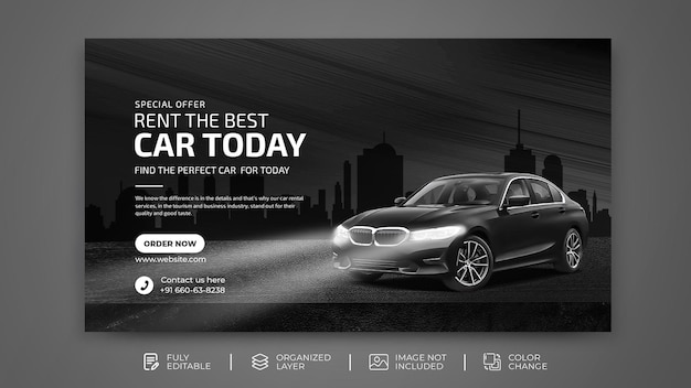 Modello di social media per banner web di promozione di vendita di autonoleggi in un modello di sfondo moderno