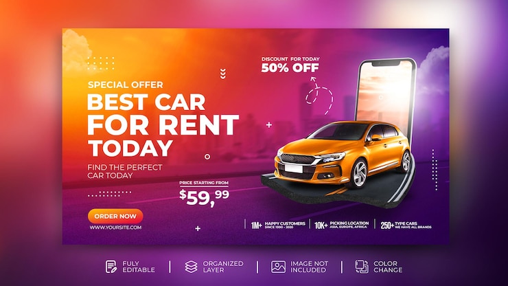 PSD car rental sell promotion web banner social media template in modern background template