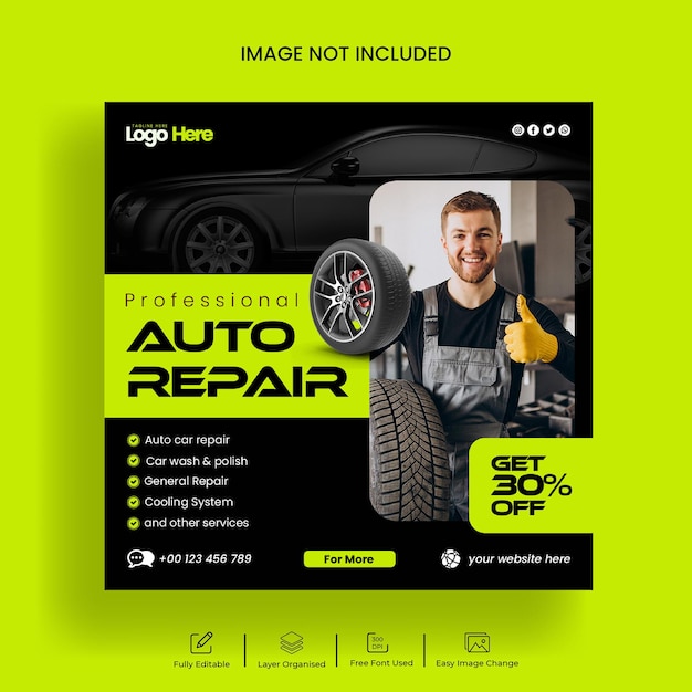 Car repair shop services instagram post and social media banner or flyer template design