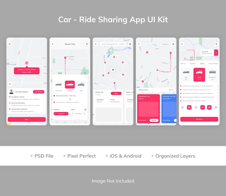 PSD car  ride sharing app ui kit