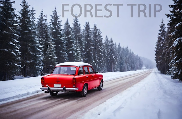 PSD car on road while snow falling and arroung long trees forest forest trip snow journey long way