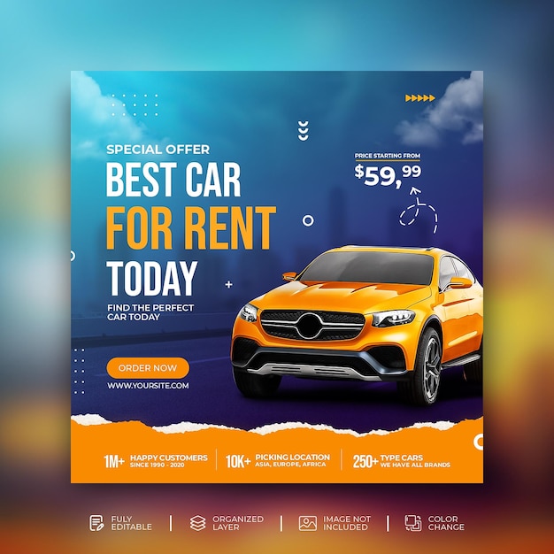 Modello di banner post instagram social media promozione vendita auto in sfondo blu psd