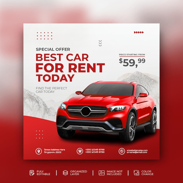 Modello di banner post di instagram di social media di promozione della vendita di auto in sfondo rosso psd premium