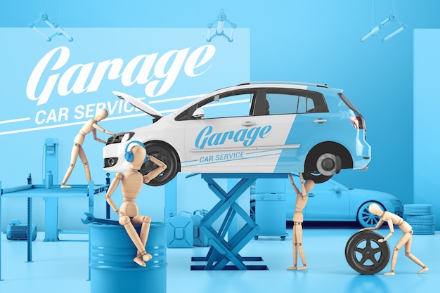 PSD car service with wooden men mockup