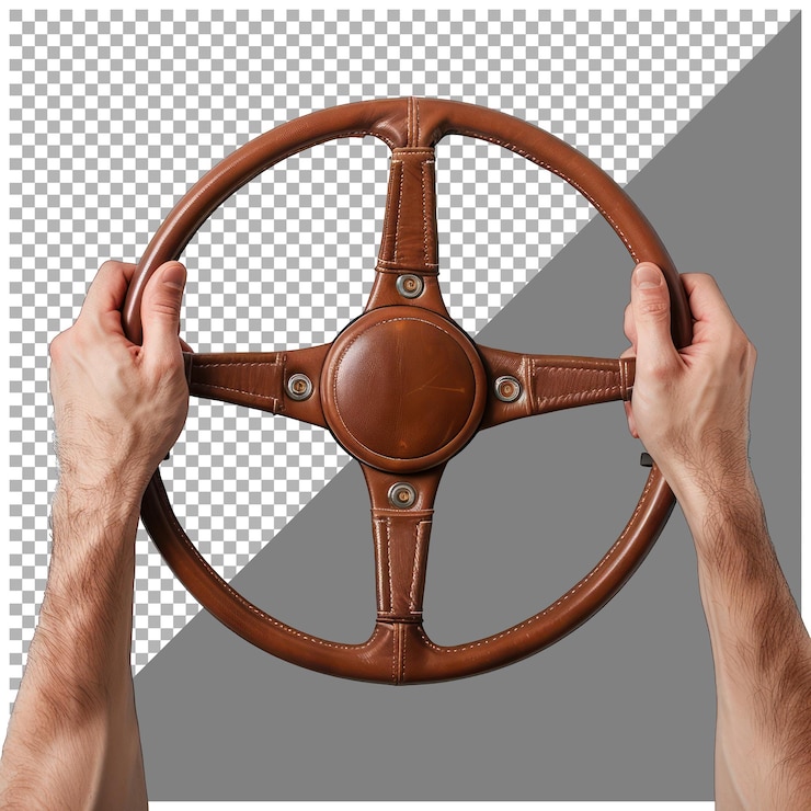 PSD car steering in a mans hand transparent background
