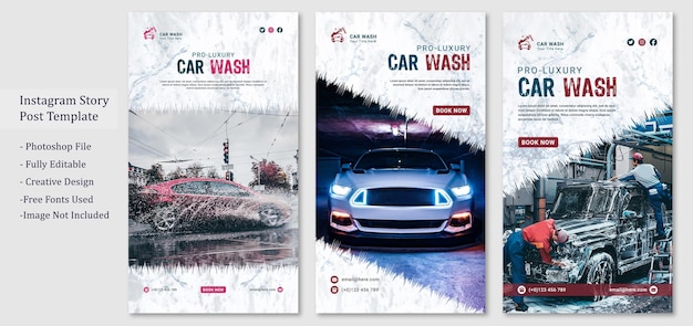 洗車サービスインスタグラムストーリーソーシャルメディア投稿ウェブバナーデザインまたはチラシテンプレート