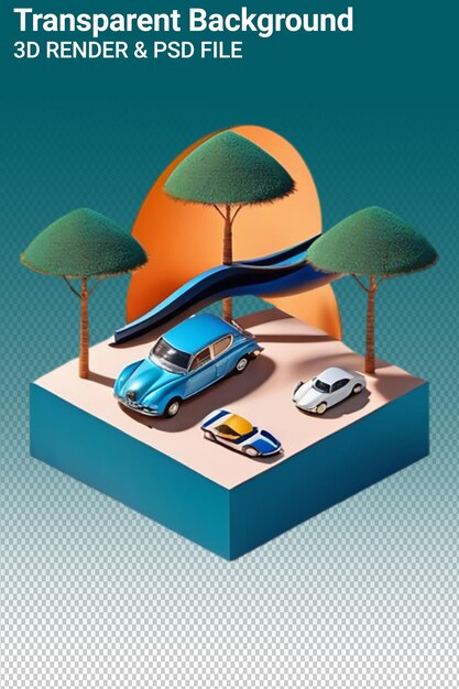 PSD una macchina con un cofano blu si siede su una piattaforma con un albero sullo sfondo