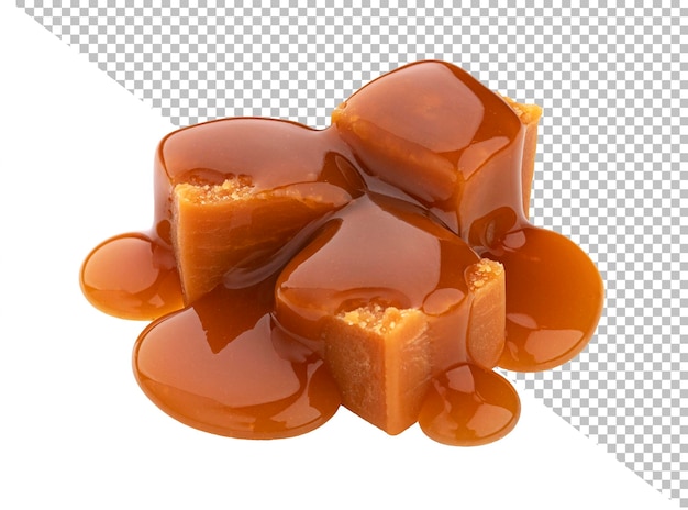 Caramelle caramelle e salsa al caramello isolati su sfondo bianco
