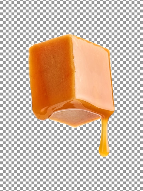 Caramel candy with caramel sauce drop down on transparent background