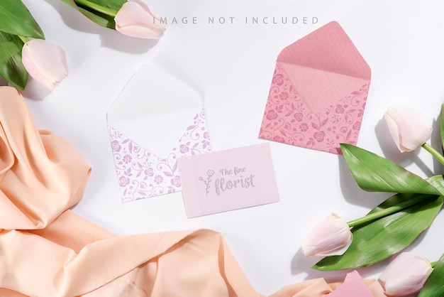 Card and envelopes mockup with tulips