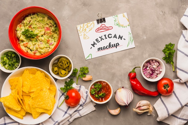 PSD card mockup surrounded by typical mexican ingredients