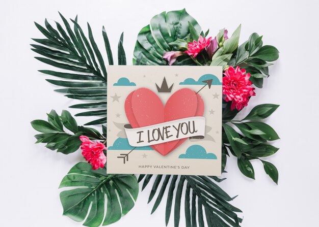 PSD card mockup with floral valentines day concept