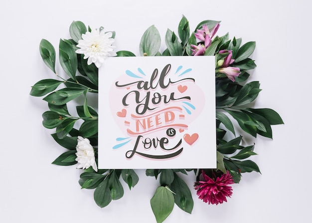 PSD card mockup with floral valentines day concept