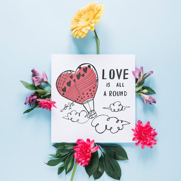 PSD card mockup with floral valentines day concept