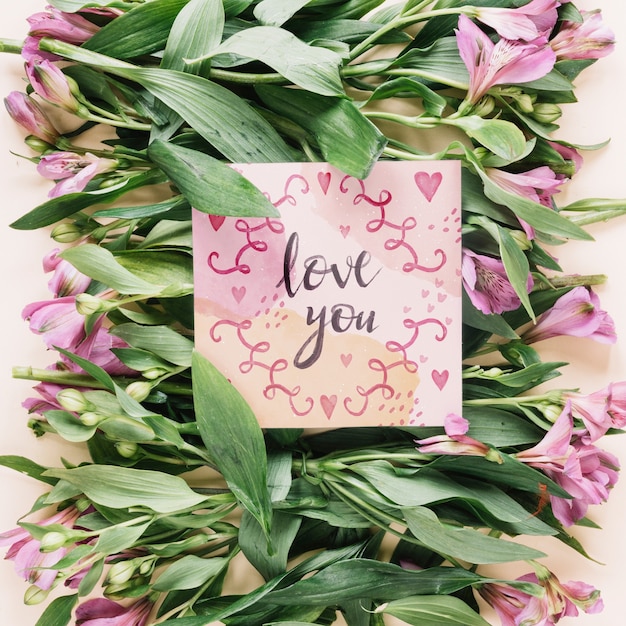 PSD card mockup with floral valentines day concept