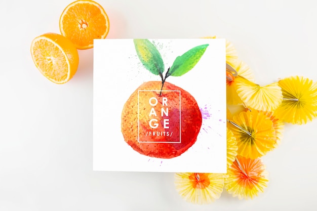 Card mockup with tropical summer concept with fruits