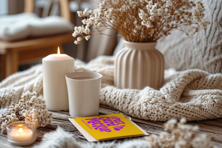 PSD a card with a candle and candles on a table with a card that says quot h h quot