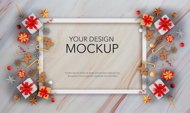 PSD card with gifts and christmas decorations on marble background, mockup