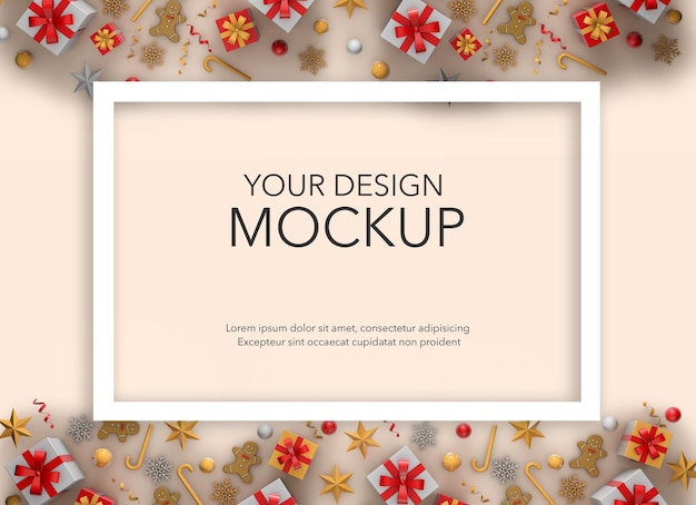 PSD card with gifts and christmas decorations, mockup