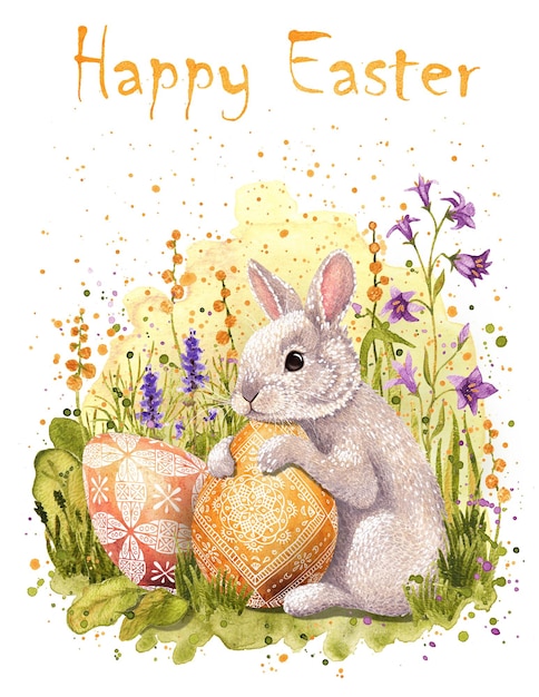 a card with a rabbit and easter eggs in a field