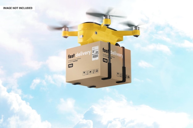 PSD cardboard box delivery by drone mockup