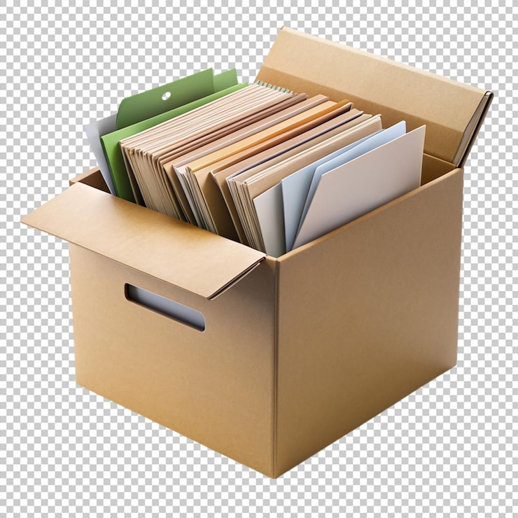 PSD cardboard box with folders on transparent background