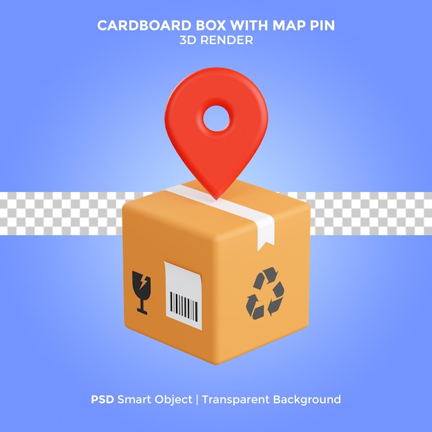 cardboard box with map pin 3d render illustration isolated premium psd