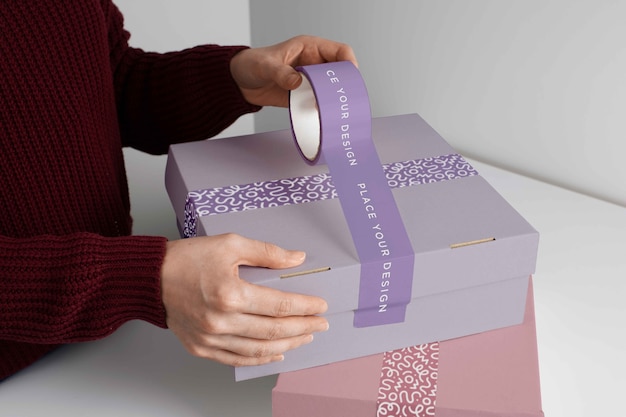 PSD cardboard box with sealing tape mock-up design