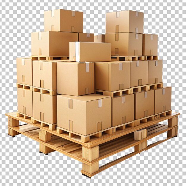 PSD cardboard boxes on pallets transparent background