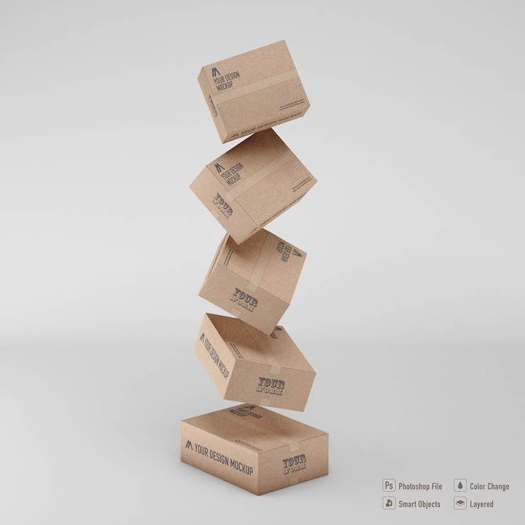 PSD cardboard boxes rendering mockup isolated