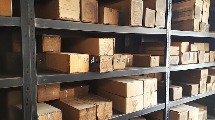 PSD cardboard boxes on shelves in a warehouse