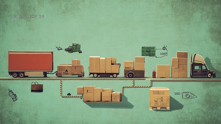 PSD cardboard boxes transported by trucks and delivery vehicles logistics and supply chain concept