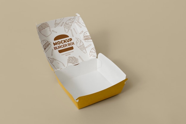 PSD design mock-up per imballaggio in scatola di cartone per hamburger