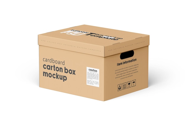 A cardboard carton Storage box mockup is shown on a white background