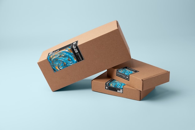 PSD cardboard packaging with security sticker mock-up