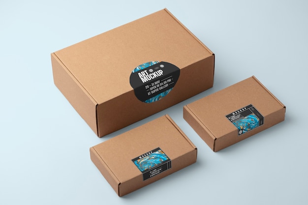 PSD cardboard packaging with security sticker mock-up