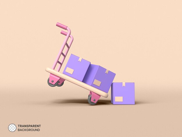 Scatola di consegna pacchi di cartone e icona del carrello illustrazione di rendering 3d isolata