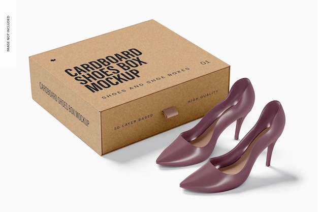 PSD cardboard shoe box with ribbon mockup, perspective